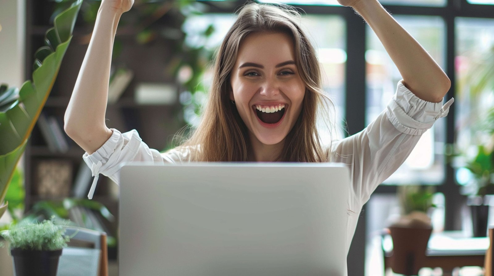 mulher feliz porque o site bem feito dela aumentou captações de pacientes